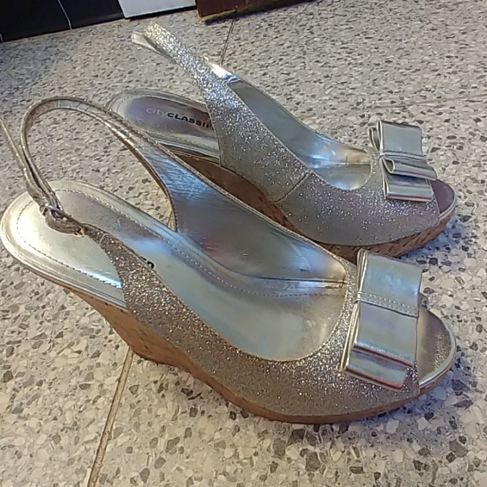 CityClassified Silver Glitter Slingback Wedges - Picture 1 of 8